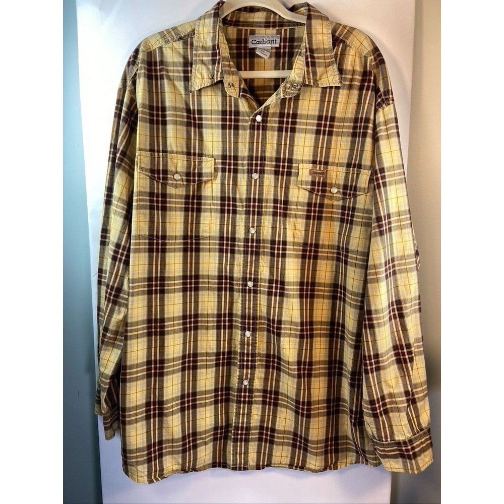 CARHARTT MENS 100% COTTON 2XL SNAP UP LONG SLEEVE TAN PLAID SHIRT